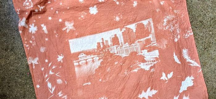 a bandana with images of the Austin skyline and plantlife