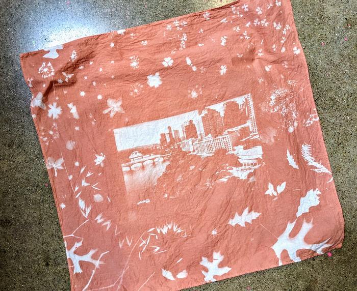 a bandana with images of the Austin skyline and plantlife